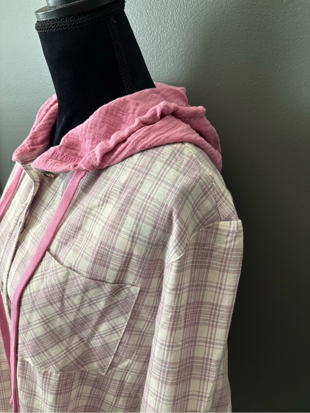 Women's Pink Plaid Hooded Shirt-Lightweight - Picture 2 of 3